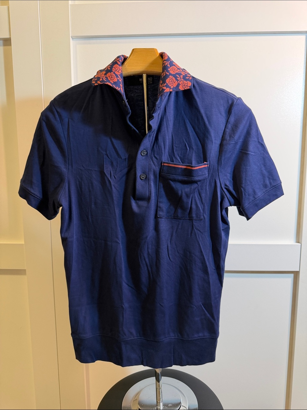 Murano Liquid Luxury Slim Fit Navy Polo with Red Floral Inner Collar